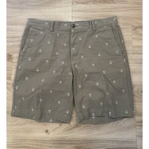 Men's Anchor Print Shorts Size 36 Khaki Nautical Summer Casual Cotton